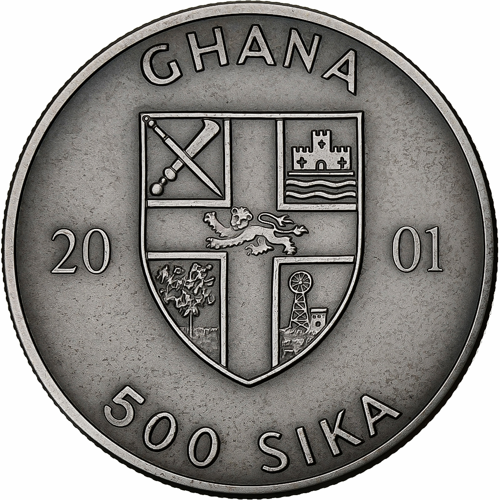 Ghana, 500 Sika, 2001, Quadriga, Silver, , KM:84.2