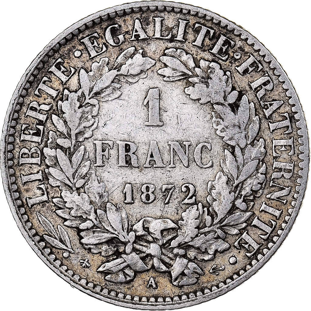 FRANCE, 1 Franc, 1872, Paris, , Silver, Gadoury #465a, 5.00