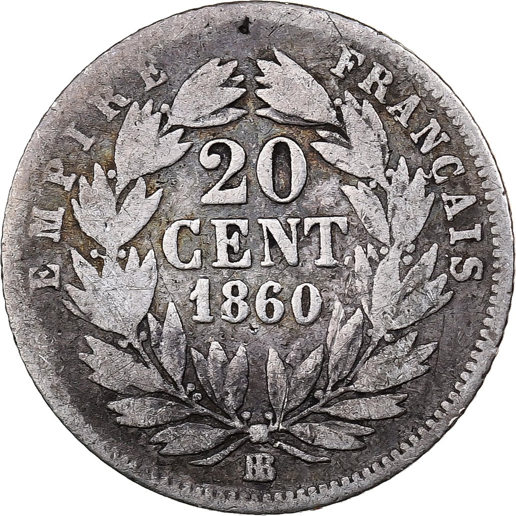 France, Napoleon III, 20 Centimes, 1860, Strasbourg, Silver, VF, KM:776.2