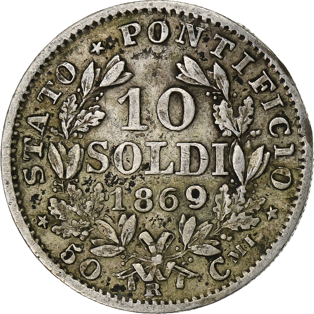 ITALIAN STATES, 10 Soldi, 50 Centesimi, 1869, Roma, KM #1386.1, EF,...