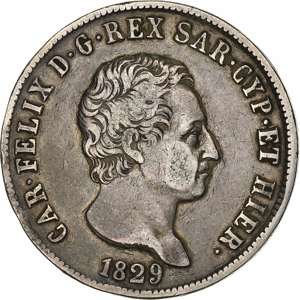 ITALIAN STATES, 5 Lire, 1829, Genoa, KM #116.2, EF, Silver, 37, 24.72