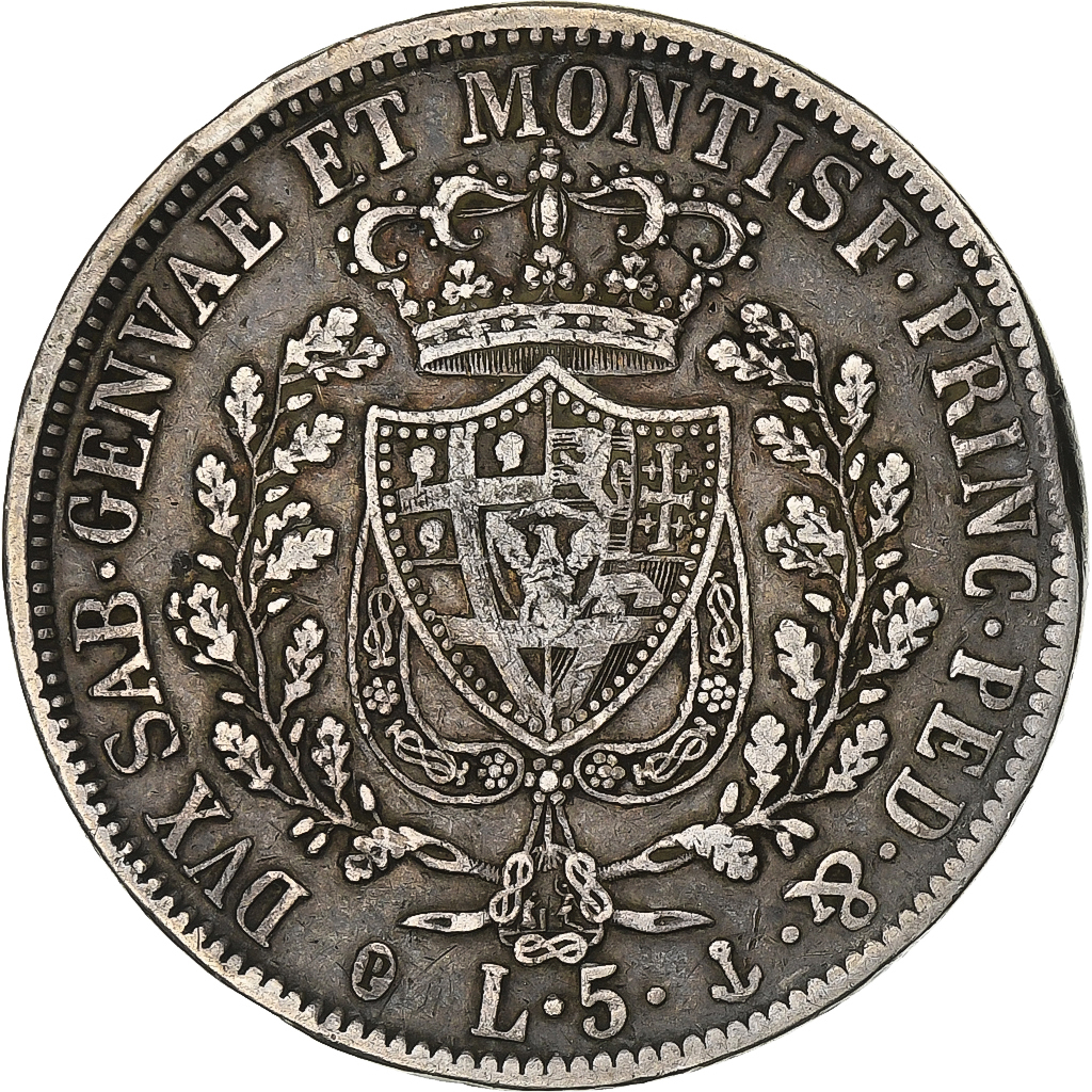 ITALIAN STATES, 5 Lire, 1829, Genoa, KM #116.2, EF, Silver, 37, 24.72