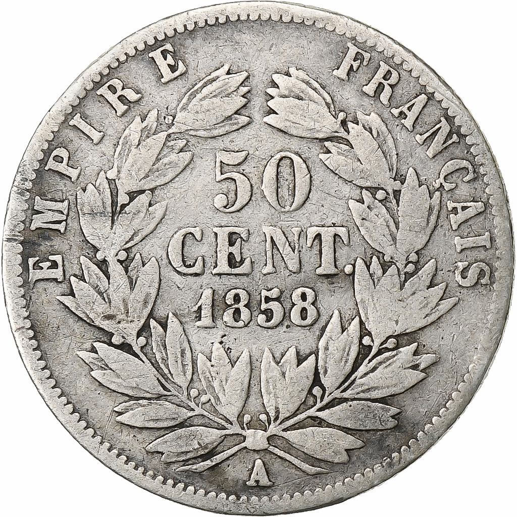 FRANCE, 50 Centimes, 1858, Paris, , Silver, Gadoury #414, 2.07
