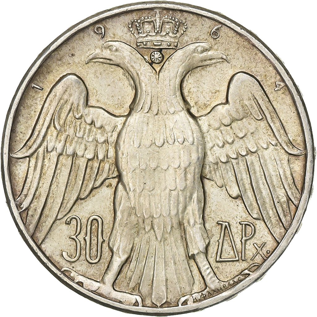 Greece, Constantine II, 30 Drachmai, 1964, Silver, , KM:87