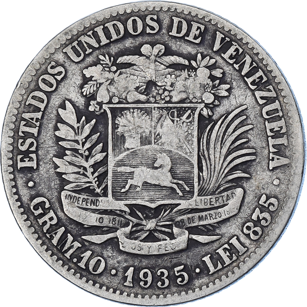 VENEZUELA, Gram 10, 2 Bolivares, 1935, KM #23, , Silver, 27, 9.75