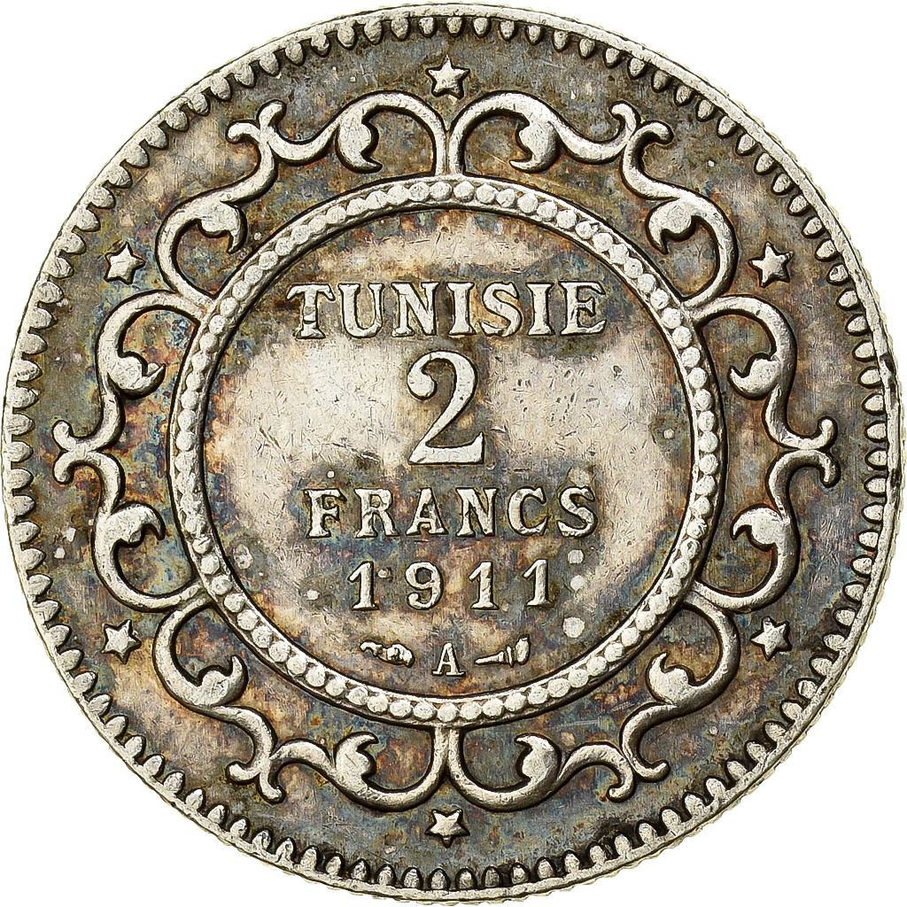 Tunisia, Muhammad al-Nasir Bey, 2 Francs, 1911, Paris, Silver, , KM:239
