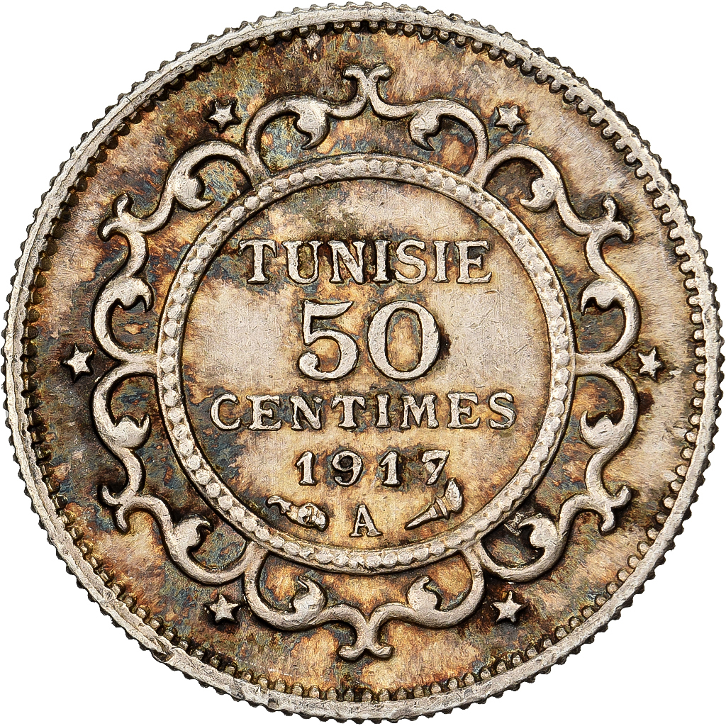 Coin, Tunisia, Muhammad al-Nasir Bey, 50 Centimes, 1917, Paris, 