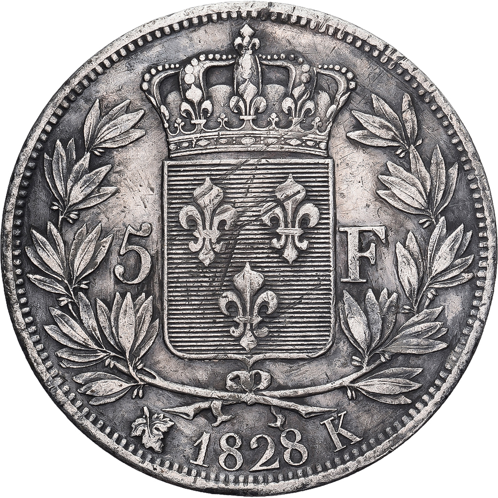 Coin, France, Charles X, 5 Francs, 1828, Bordeaux, VF, Silver