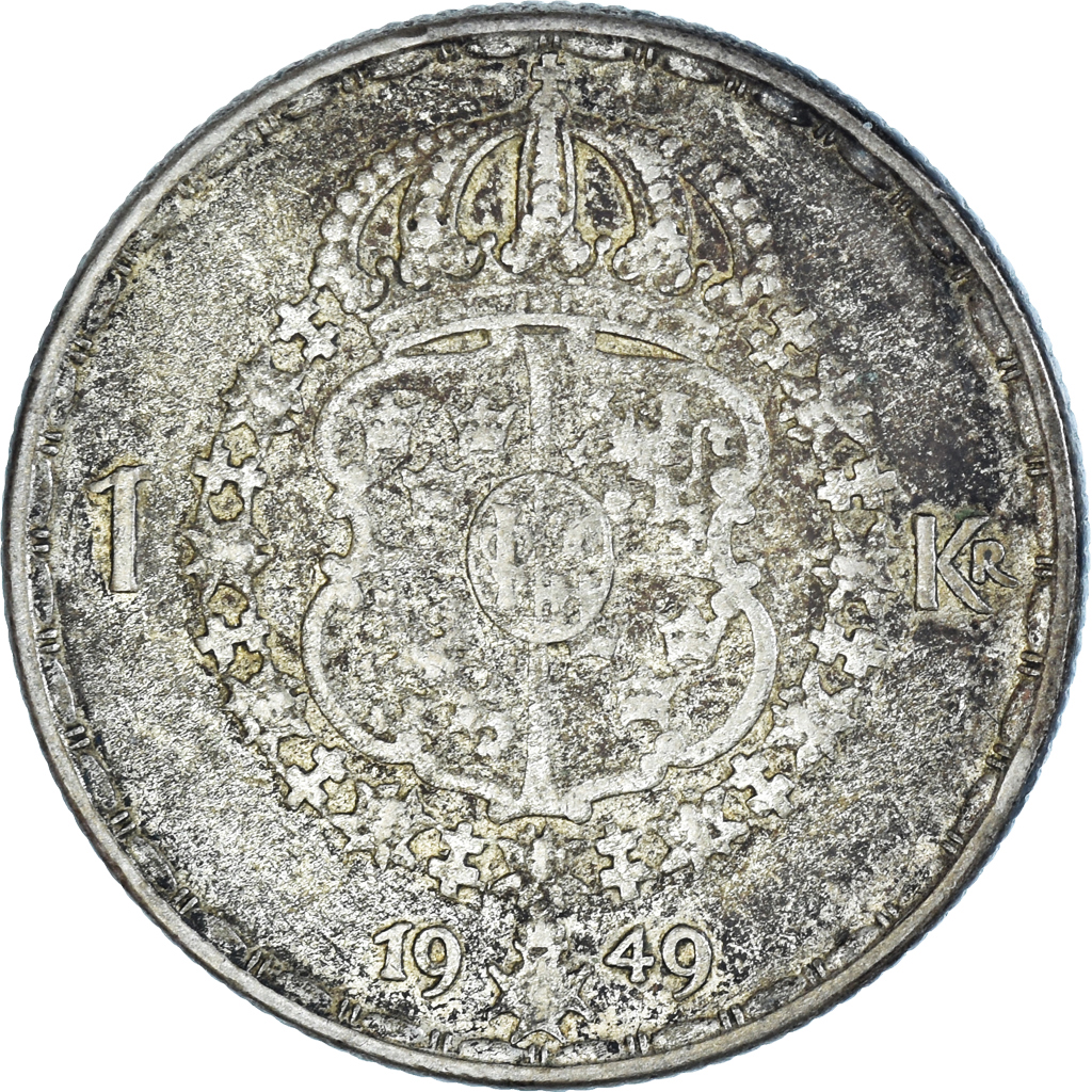 Moneda, Suecia, Gustaf V, Krona, 1949, BC+, Plata, KM:814