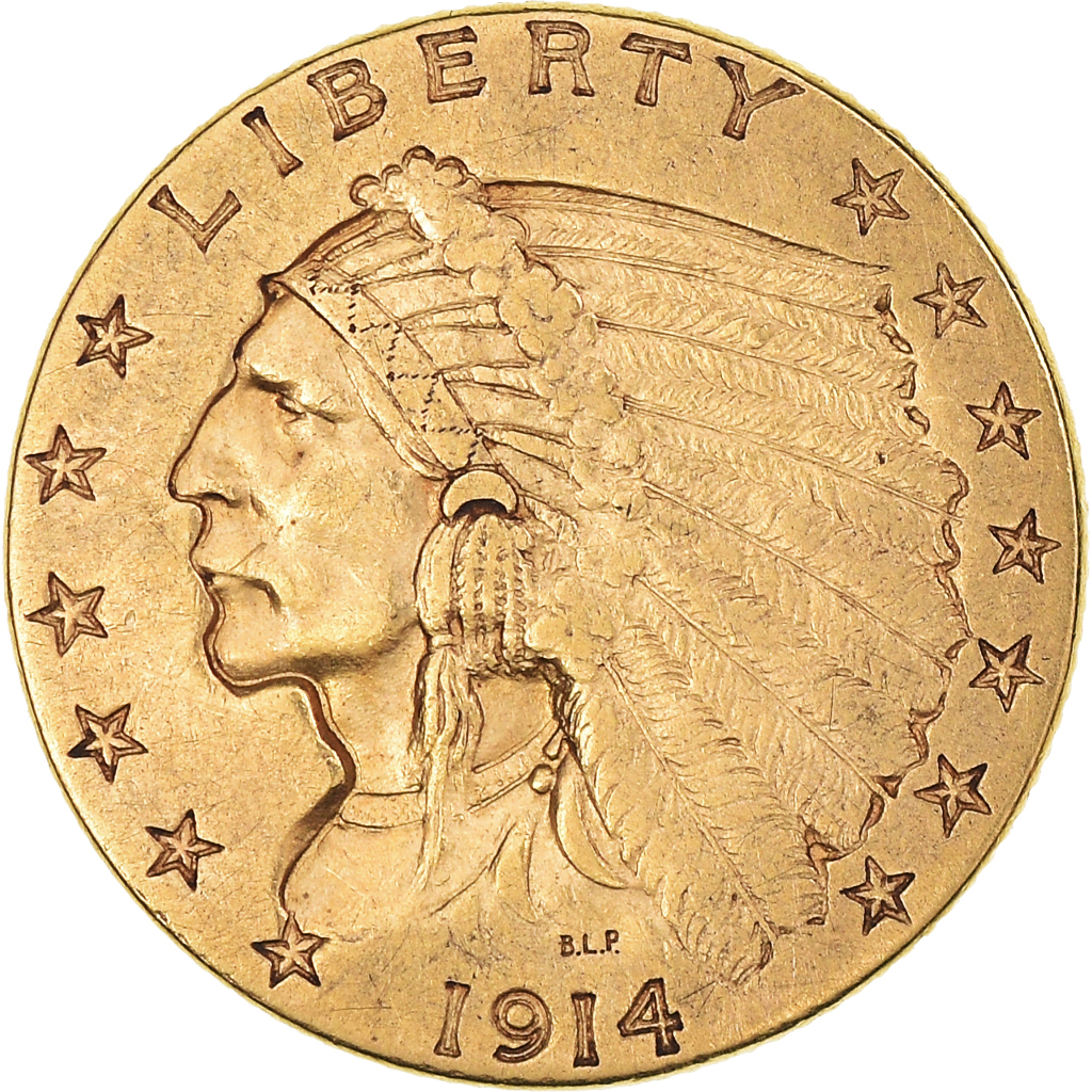 Coin, United States, Indian Head, 2.50, Quarter Eagle, 1914, U.S. Mint