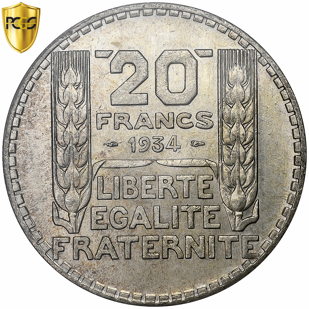 France, 20 Francs, Turin, 1934, Paris, Silver, PCGS, MS(63), Le Franc:F.400