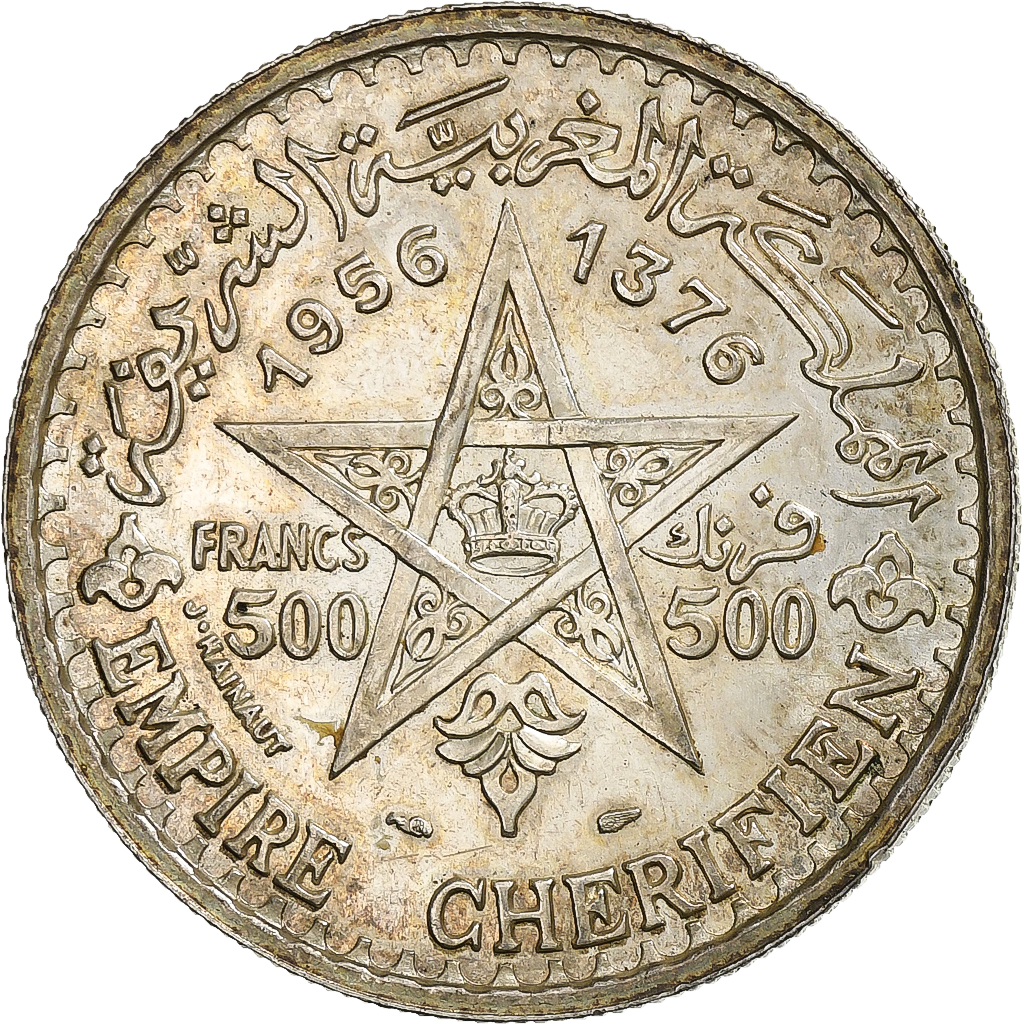 Morocco, Mohammed V, 500 Francs, 1956, Paris, Silver, , KM:54