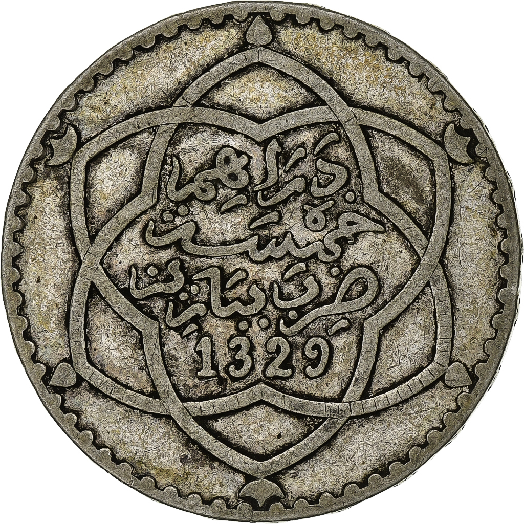 Morocco, 'Abd al-Hafiz, 1/2 Rial, 5 Dirhams, 1911/AH1329, bi-Bariz, Silver