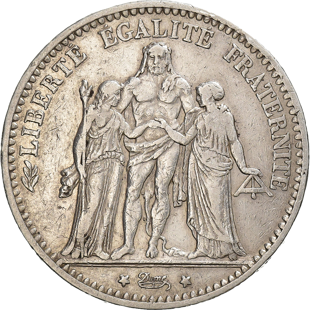 France, 5 Francs, Hercule, 1875, Paris, Petit A, Silver, 