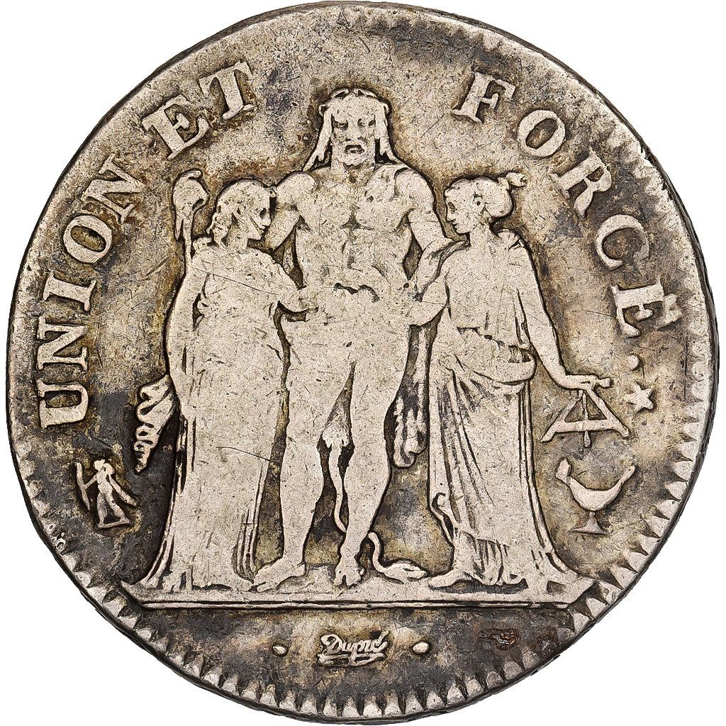 France, 5 Francs, Union et Force, AN 8, Bordeaux, Silver, 