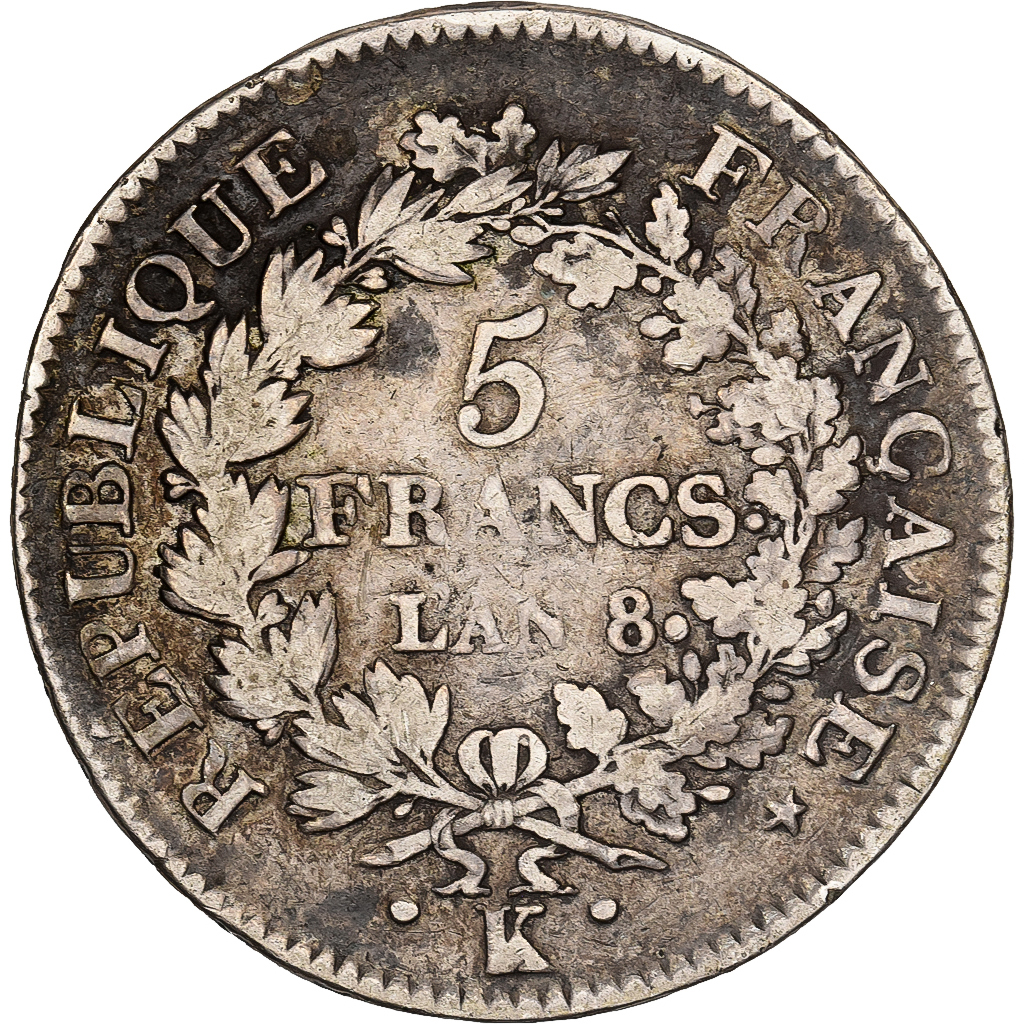 France, 5 Francs, Union et Force, AN 8, Bordeaux, Silver, 