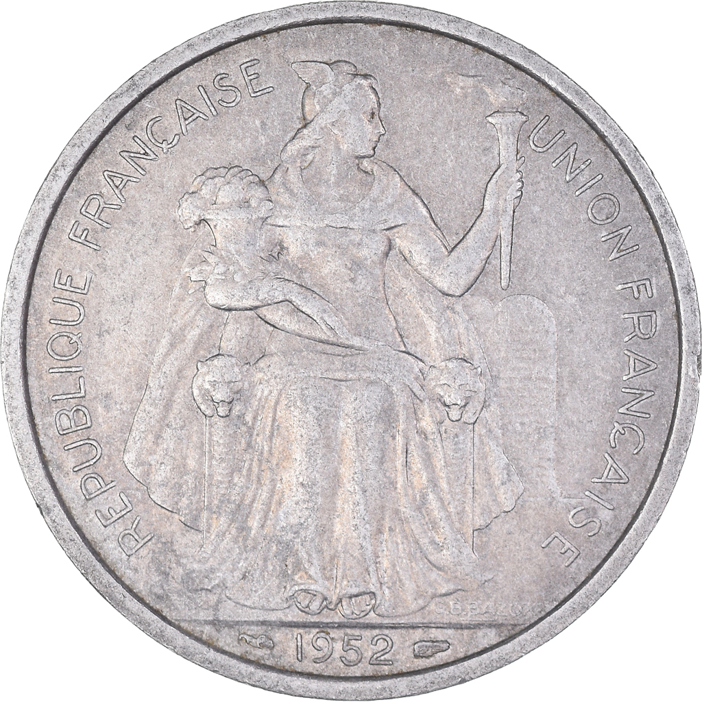 Moneda, Polinesia francesa, 5 Francs, 1952, MBC, Aluminio, KM:12