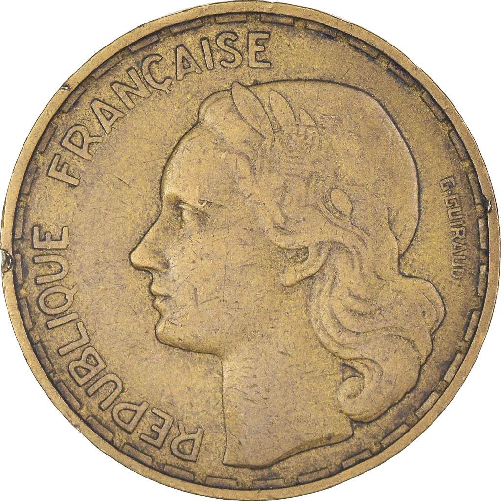Moneda, Francia, Guiraud, 50 Francs, 1953, Beaumont - Le Roger, MBC, Aluminio -