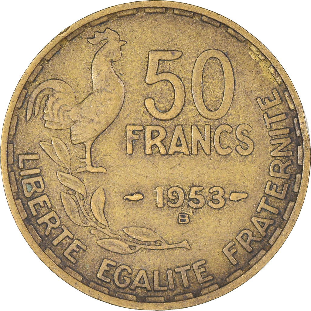 Moneda, Francia, Guiraud, 50 Francs, 1953, Beaumont - Le Roger, MBC, Aluminio -