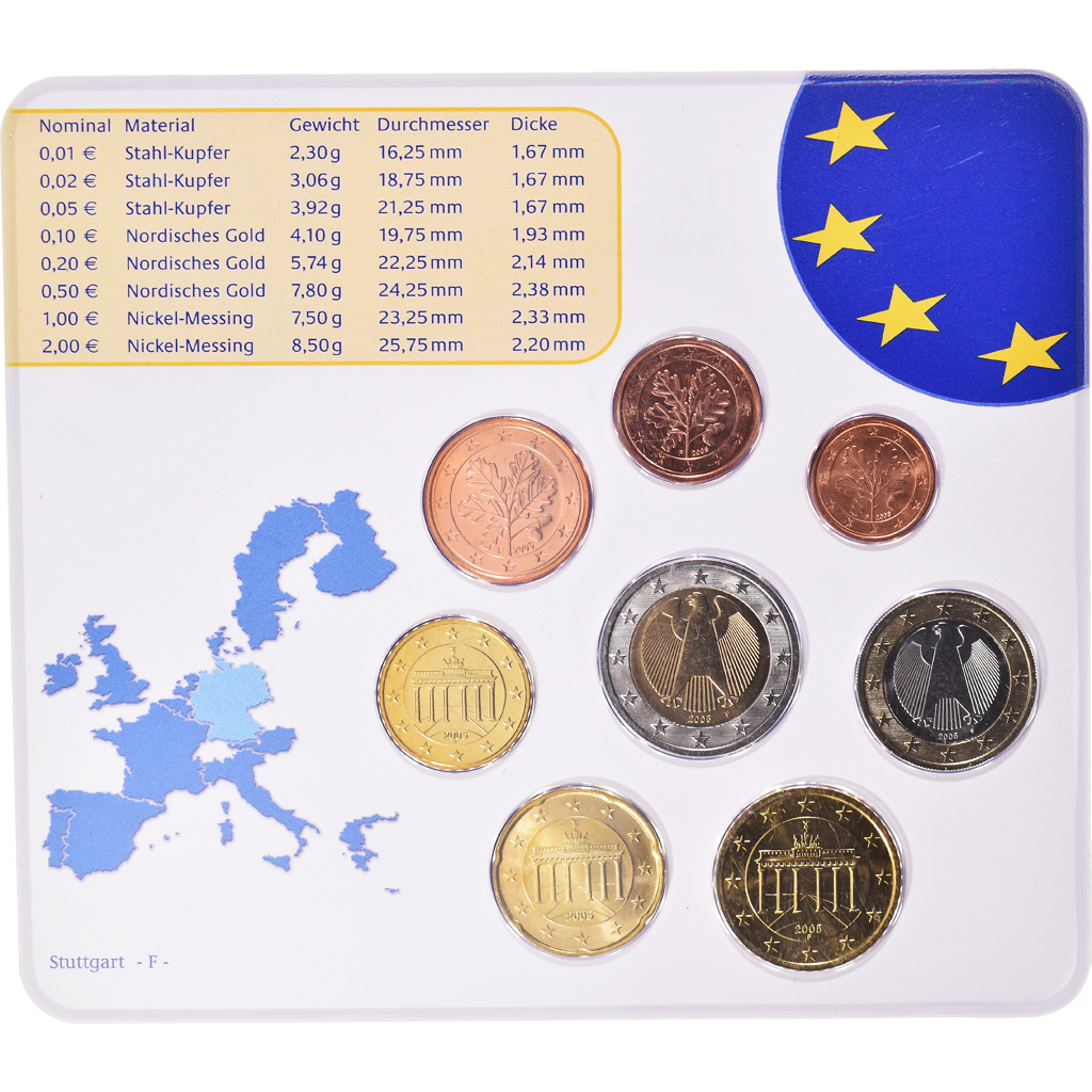 Deutschland, 1 Cent to 2 Euro, 2005, Stuttgart, Set Euro, STGL