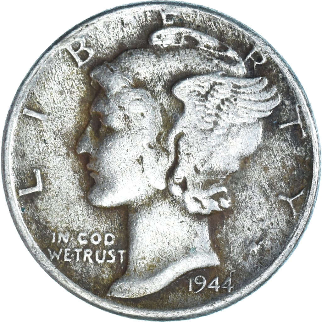Coin, United States, Mercury Dime, Dime, 1944, U.S. Mint, Philadelphia