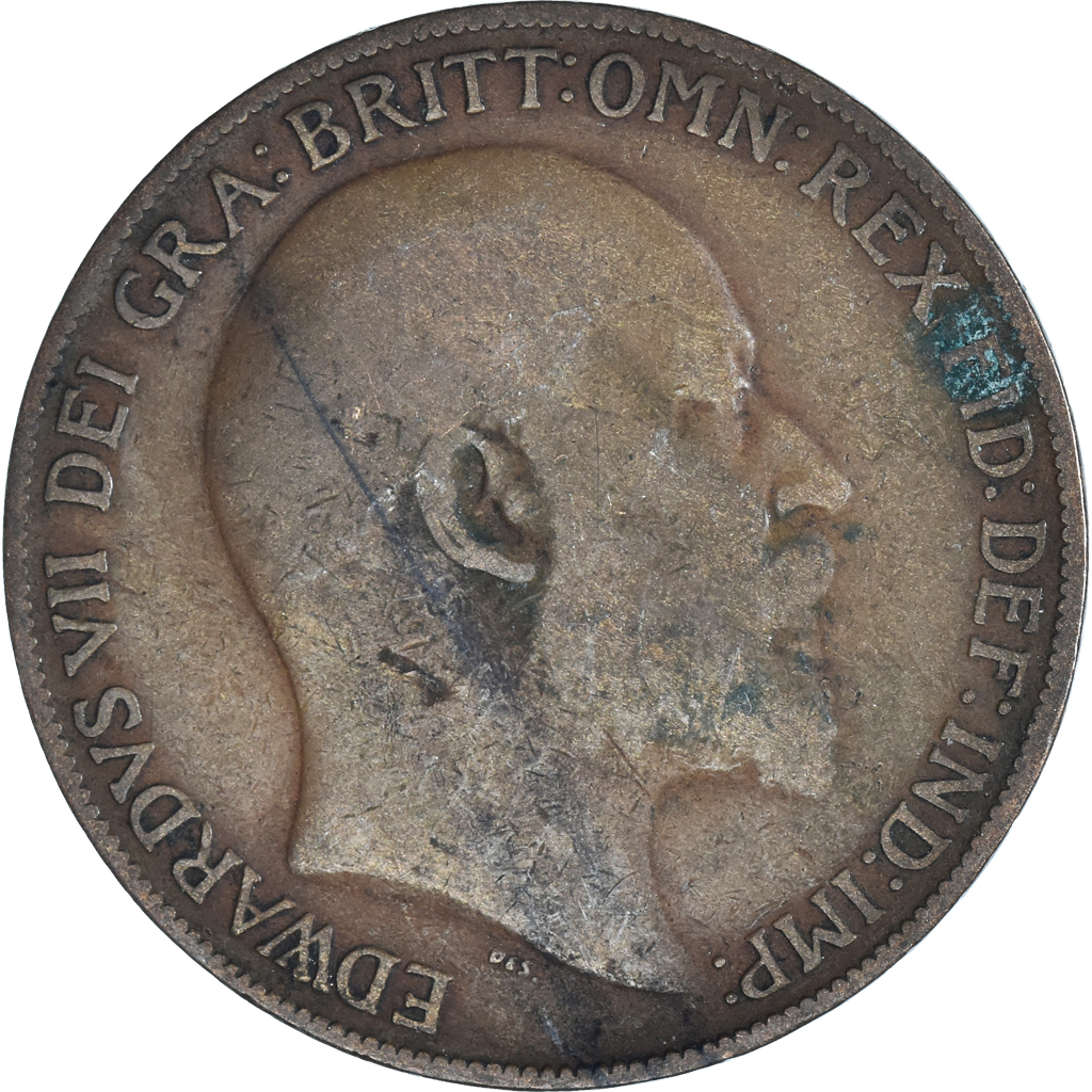 Moneda, Gran Bretaña, Edward VII, Penny, 1908, BC+, Bronce, KM:794.2