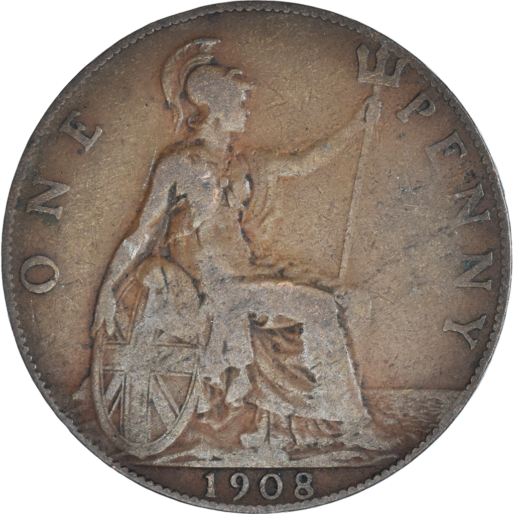 Moneda, Gran Bretaña, Edward VII, Penny, 1908, BC+, Bronce, KM:794.2