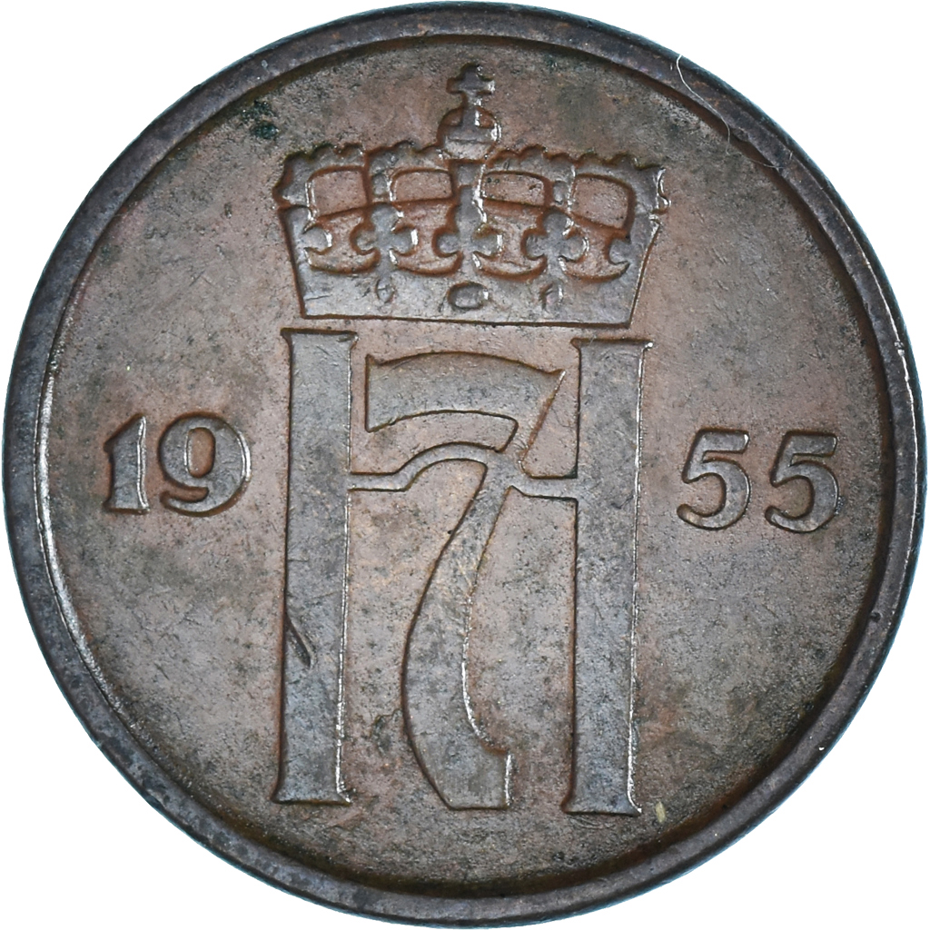 Moneda, Noruega, 2 Öre, 1955, MBC, Cobre - níquel