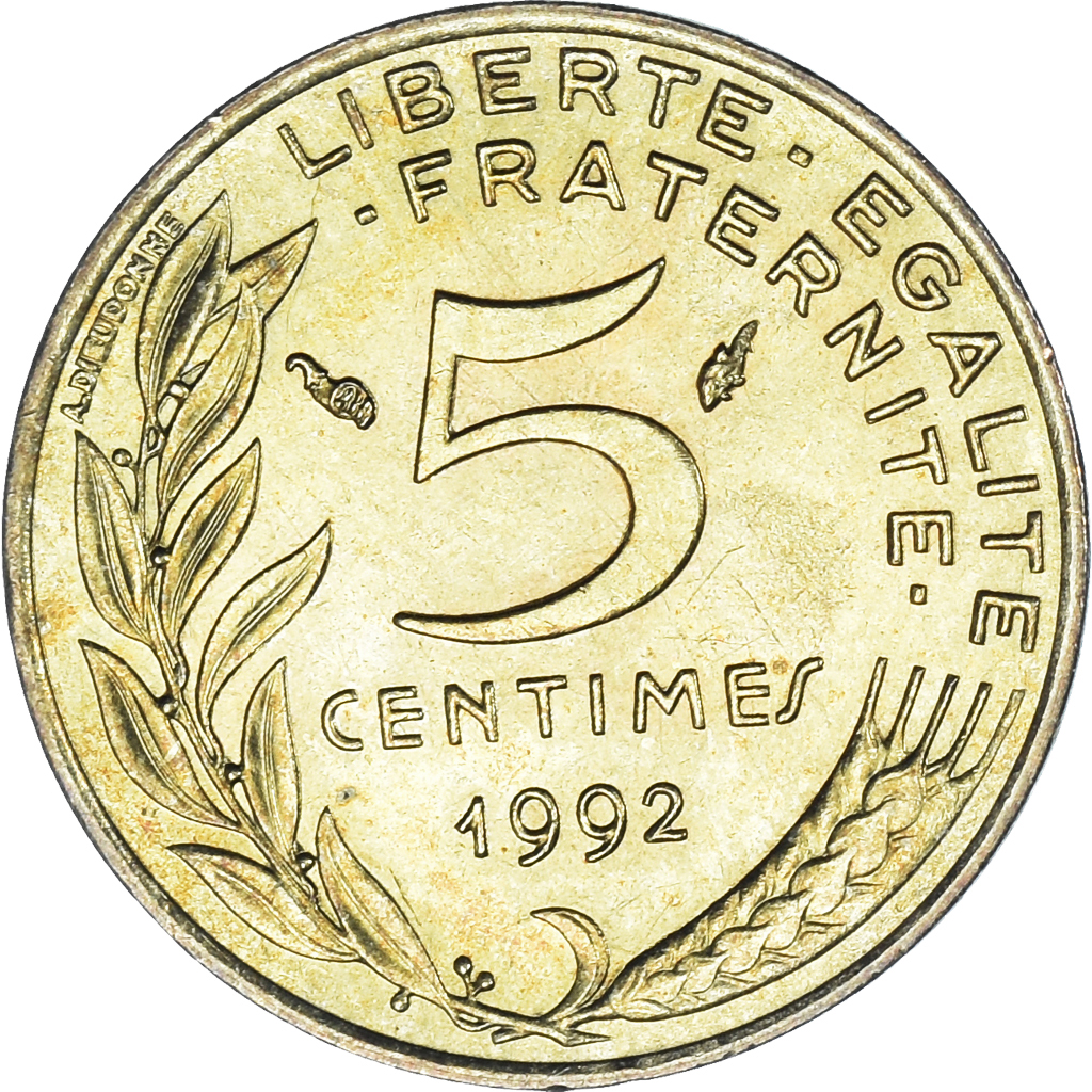 Moneda, Francia, Marianne, 5 Centimes, 1992, Paris, MBC+, Aluminio - bronce