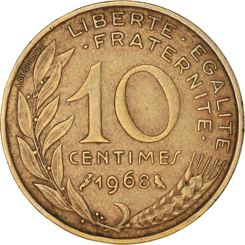 Moneda, Francia, Marianne, 10 Centimes, 1968, Paris, MBC, Aluminio - bronce