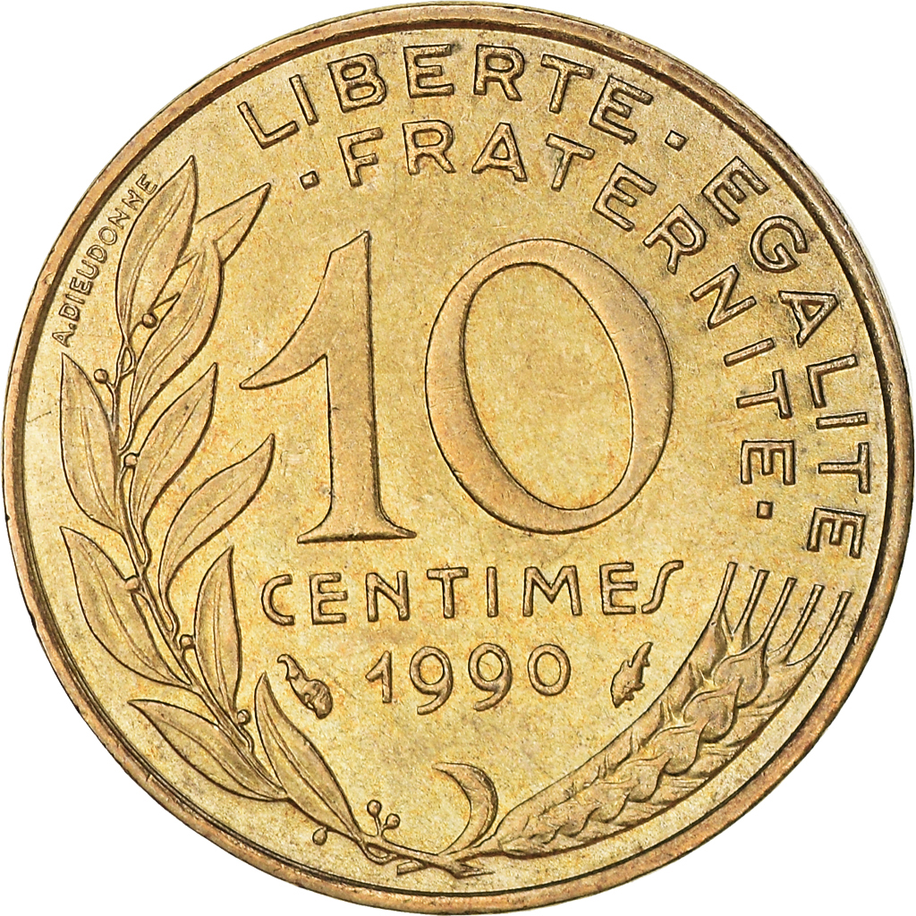 Moneda, Francia, Marianne, 10 Centimes, 1990, Paris, MBC+, Aluminio - bronce