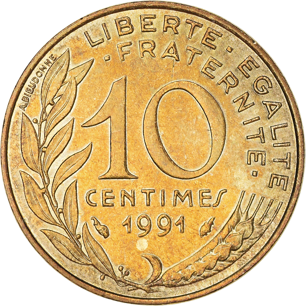 Moneda, Francia, Marianne, 10 Centimes, 1991, Paris, MBC+, Aluminio - bronce