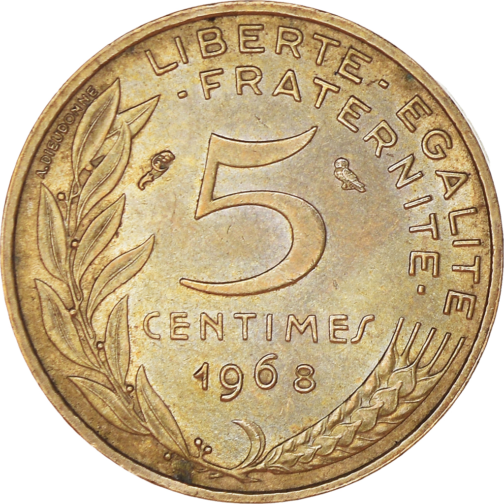 Moneda, Francia, Marianne, 5 Centimes, 1968, Paris, MBC+, Aluminio - bronce