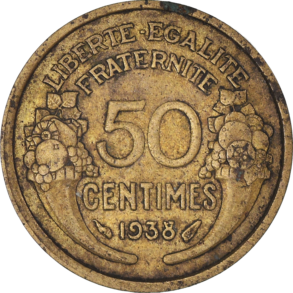Moneda, Francia, Morlon, 50 Centimes, 1938, Paris, BC+, Aluminio - bronce