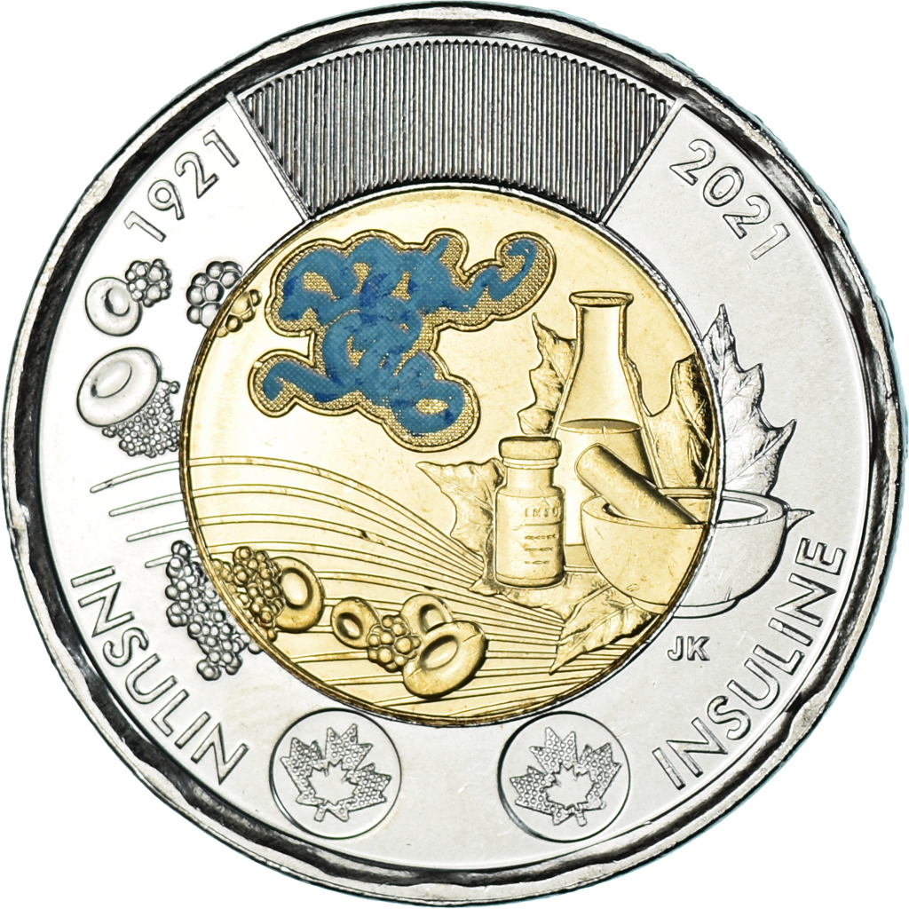 Coin, Canada, Découverte de l'insuline, 2 Dollars, 2021, Colorized, 
