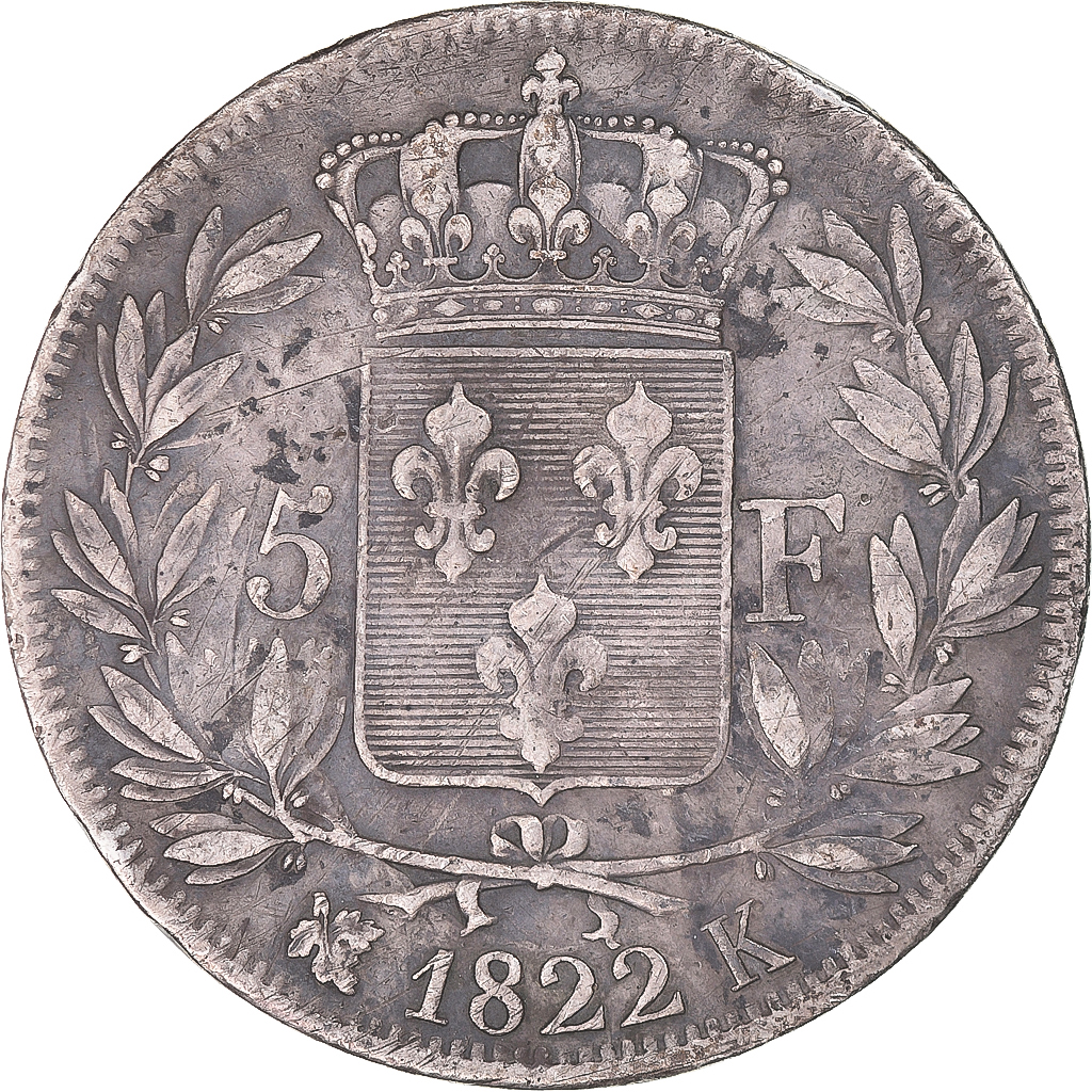 Coin, France, Louis XVIII, 5 Francs, 1822, Bordeaux, , Silver