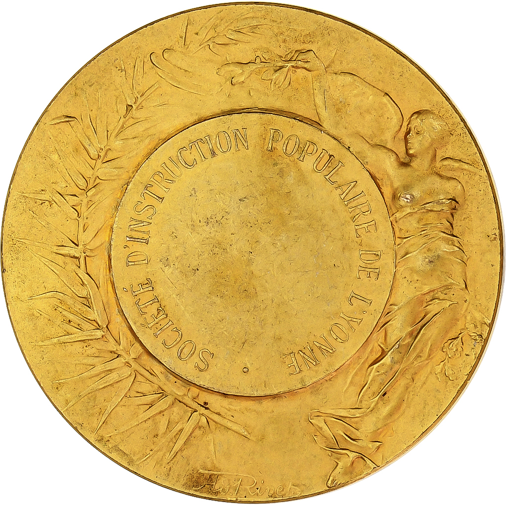 France, Medal, Société d'Instruction Populaire de l'Yonne, Gilt Bronze, Rivet