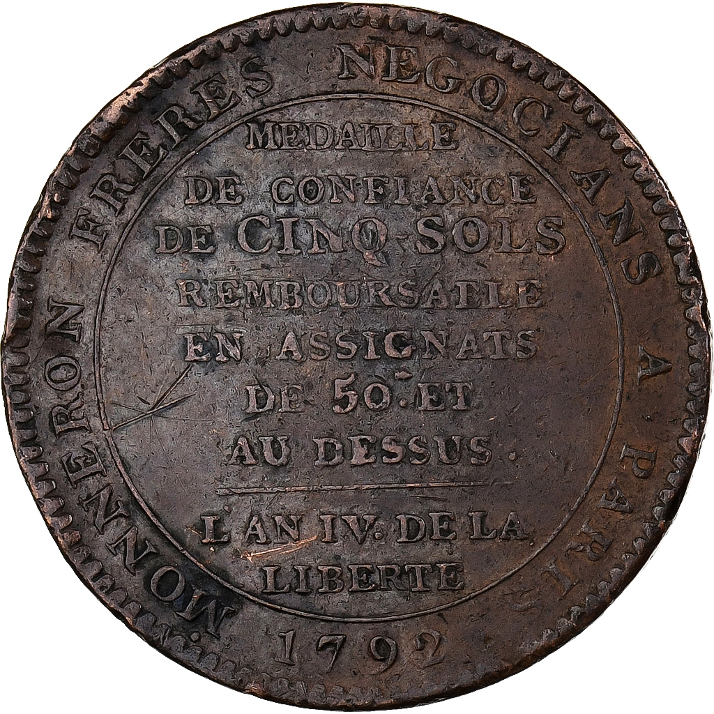 France, 5 Sols, Monneron, 1792, Paris, Bronze, 