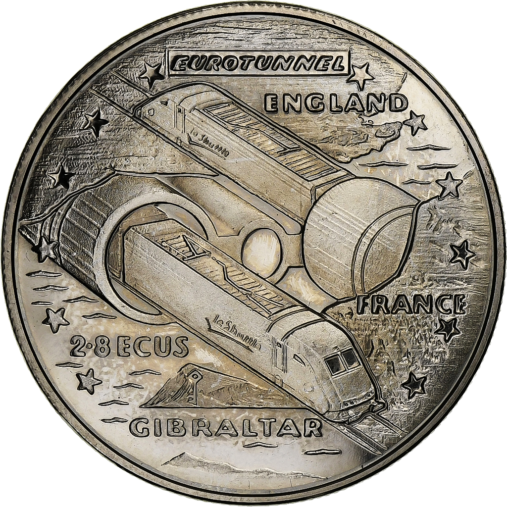 Gibraltar, Elizabeth II, 2.8 Ecus, Eurotunnel, 1993, Copper-nickel, 