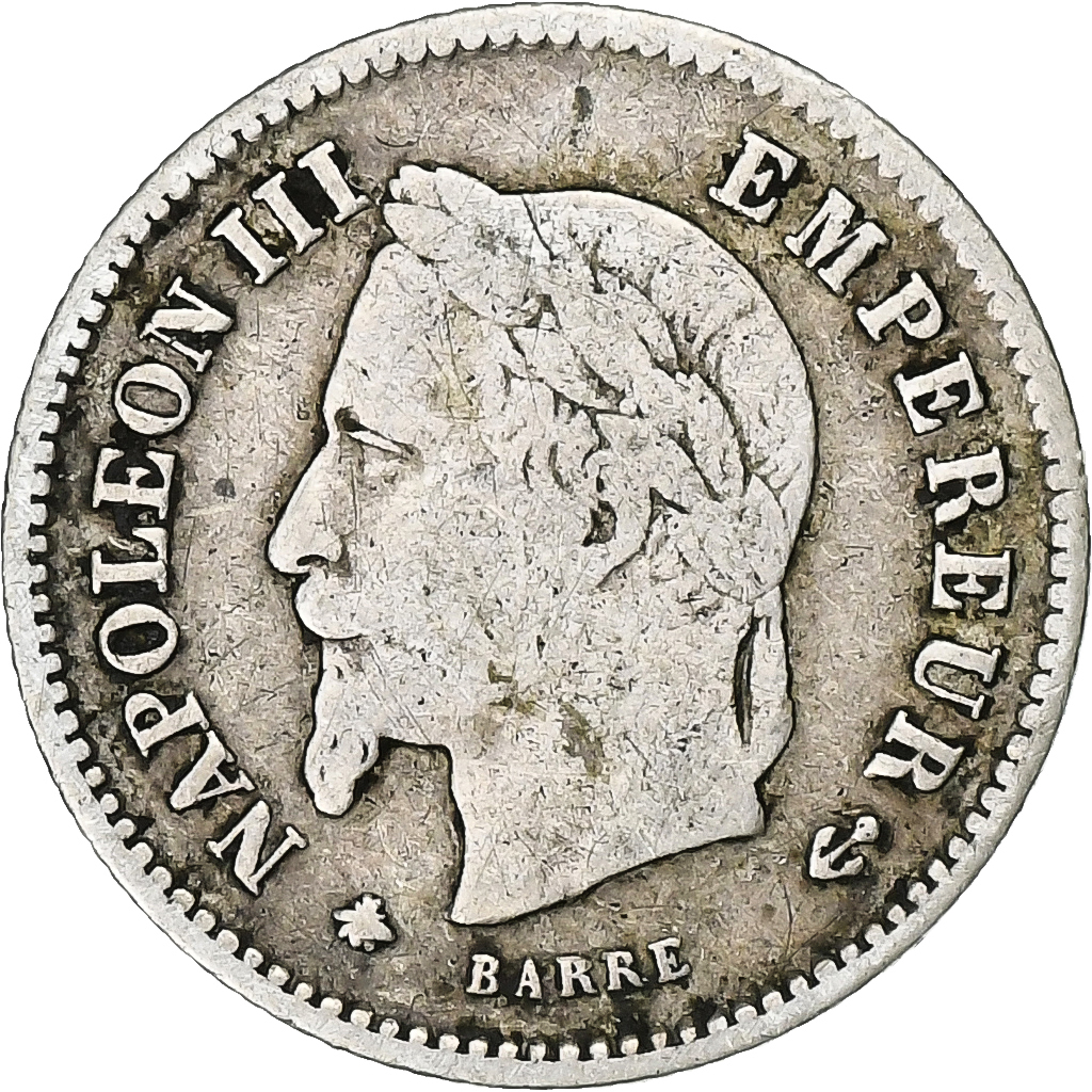 France, Napoleon III, 20 Centimes, Napoléon III, 1867, Paris, Silver