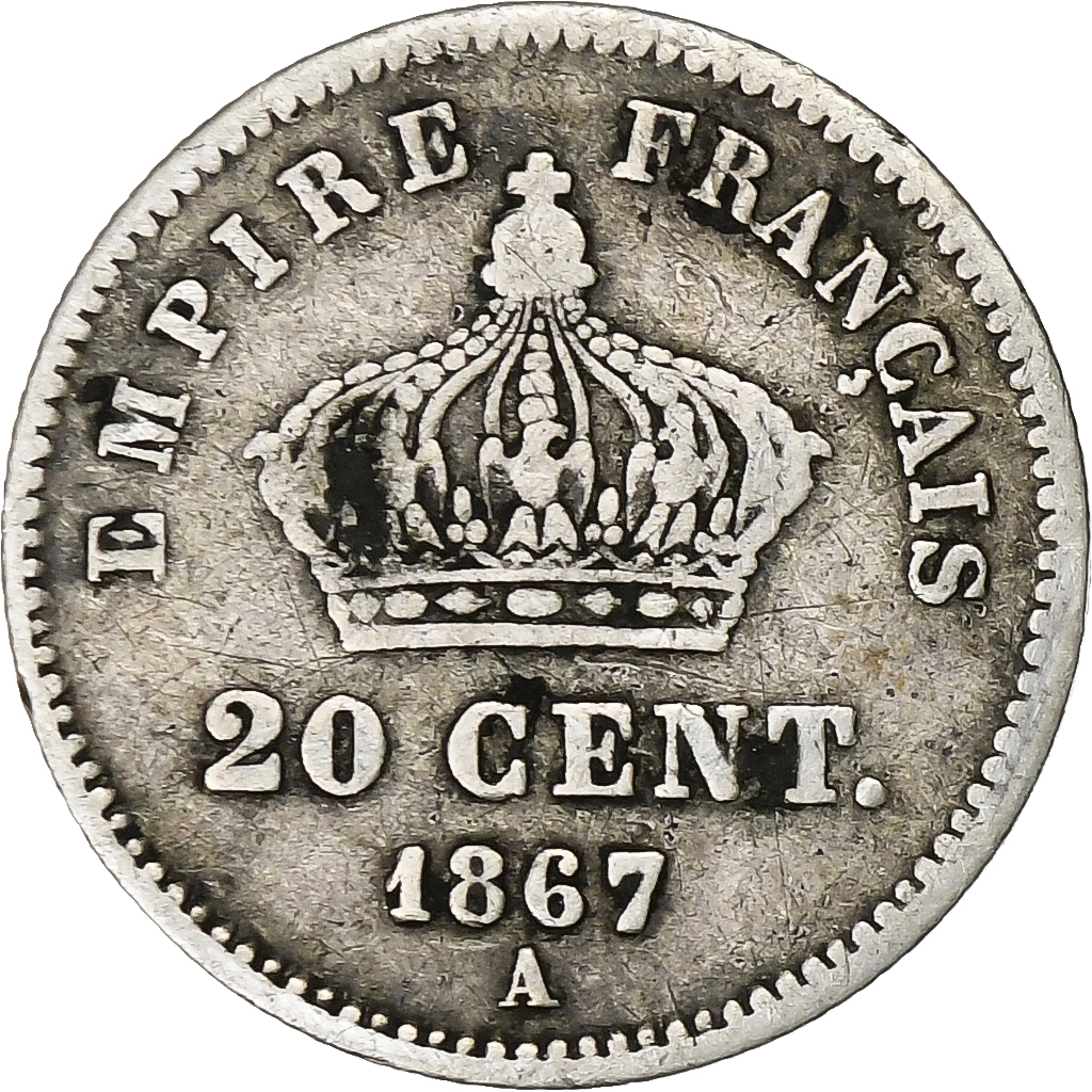 France, Napoleon III, 20 Centimes, Napoléon III, 1867, Paris, Silver