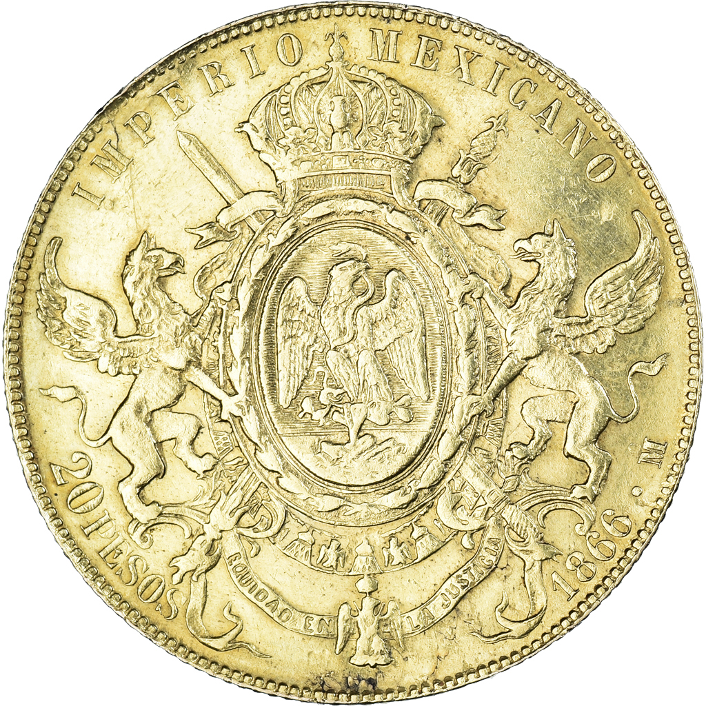 Coin, Mexico, Maximilian, 20 Pesos, 1866, Mexico City, , Gold, KM:389