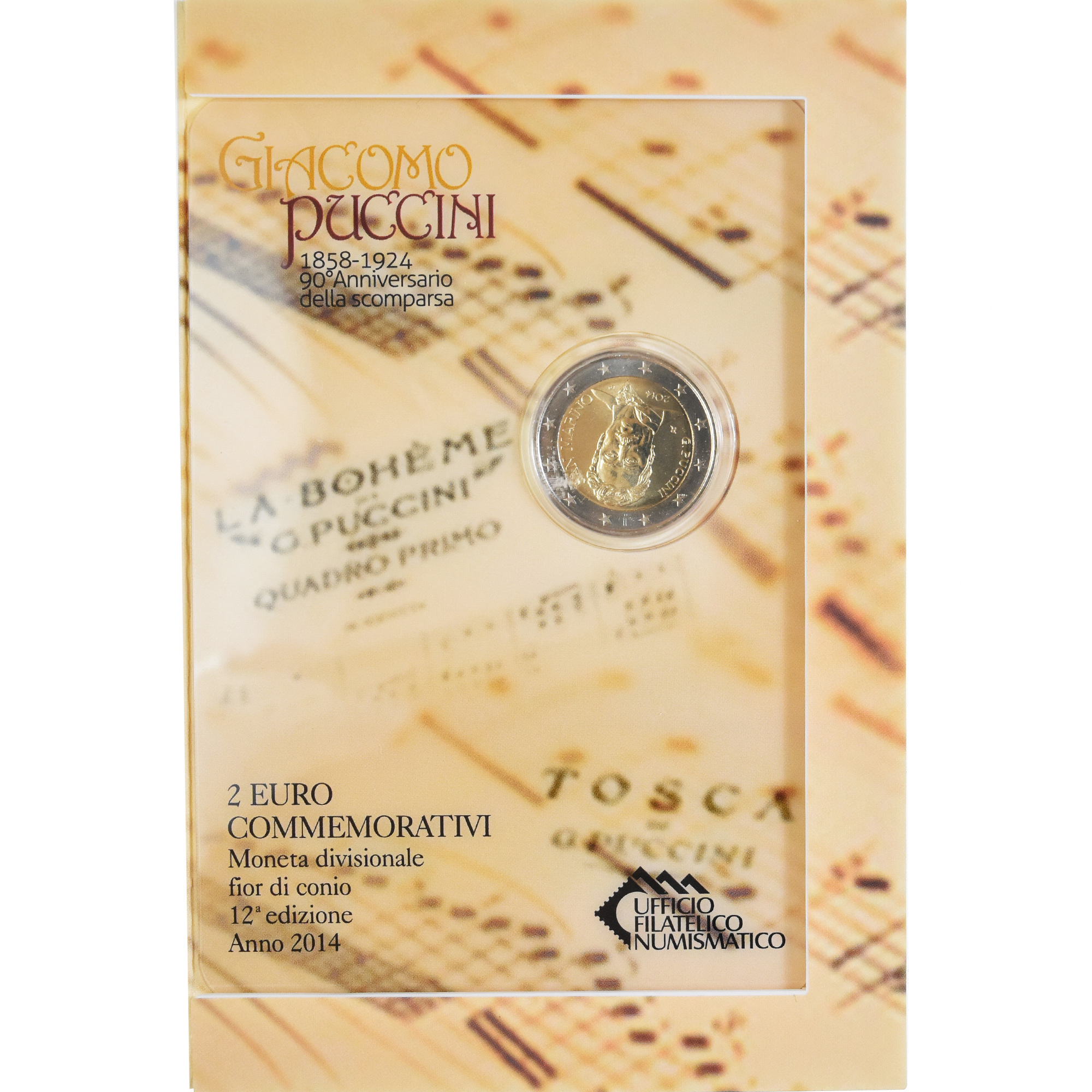 Saint Marin , 2 Euro, Giacomo Puccini, 2014, Rome, Special Unc., FDC