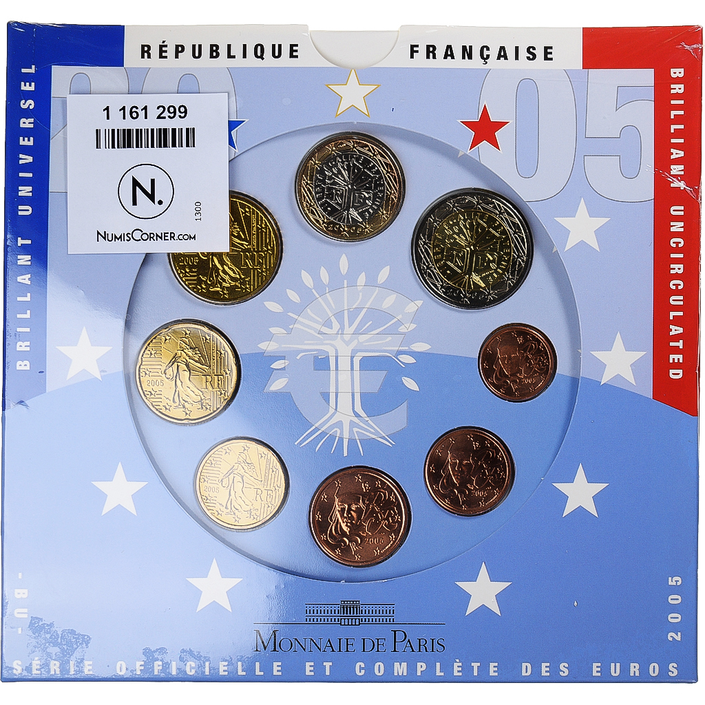 France, 1 Cent to 2 Euro, euro set, 2005, Monnaie de Paris, BU, 