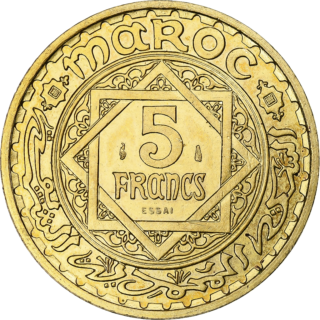 Coin, Morocco, 5 Francs, 1365/1946, Paris, ESSAI, , Aluminum-Bronze