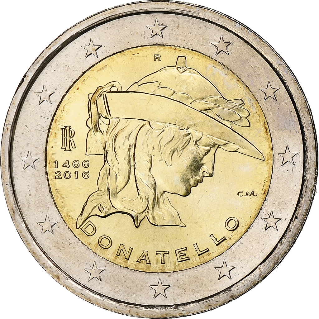 Italie, 2 Euro, Donatello, 2016, SPL, Bimétallique, KM:New