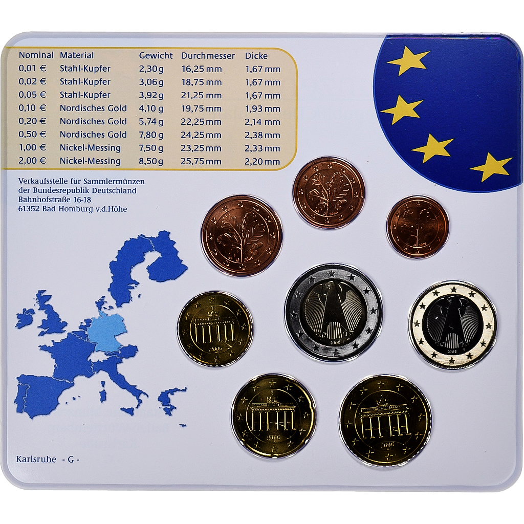 Deutschland, 1 Cent to 2 Euro, 2005, Karlsruhe, Set, STGL