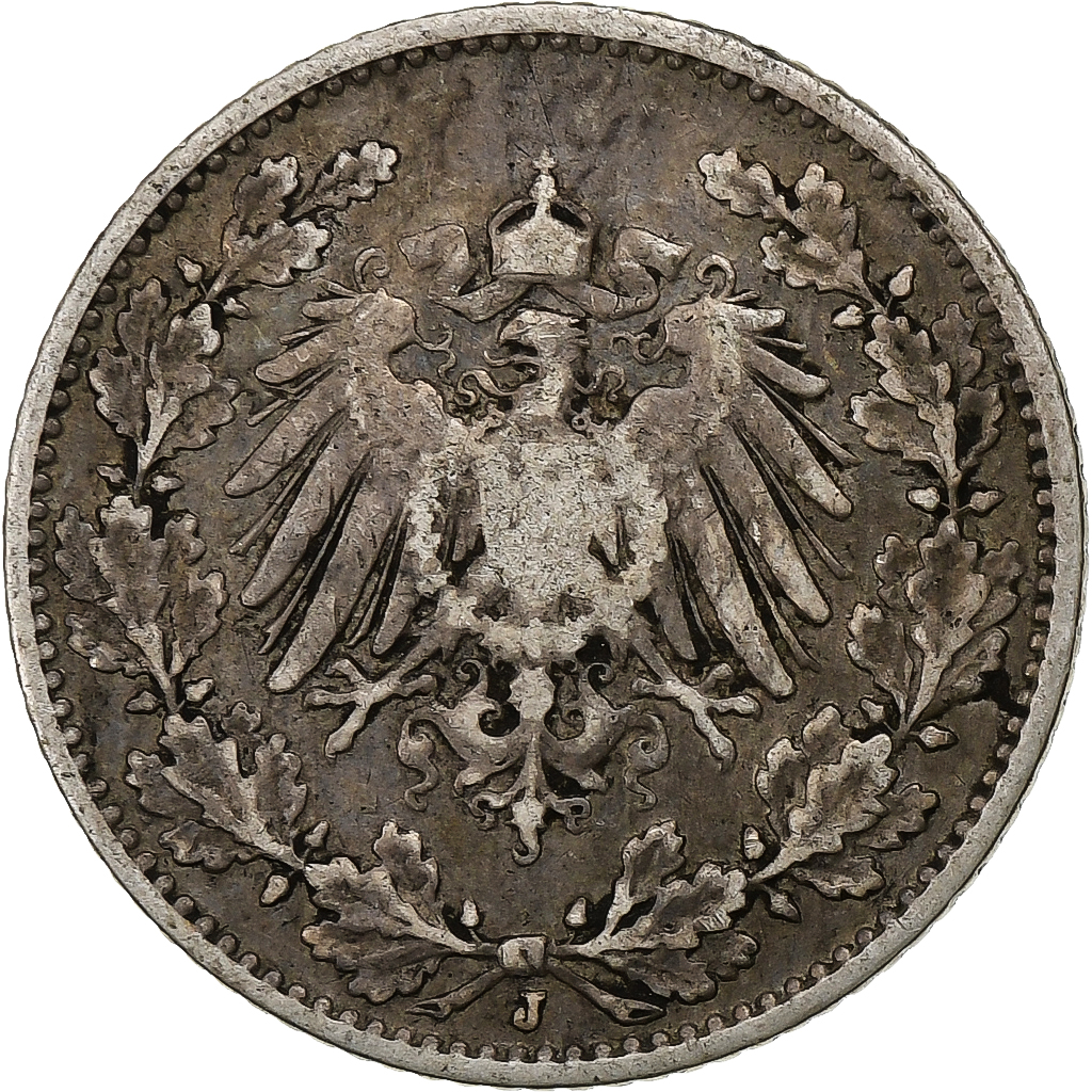 GERMANY - EMPIRE, 1/2 Mark, 1907, Hambourg, Silver, VF(30-35), KM:17