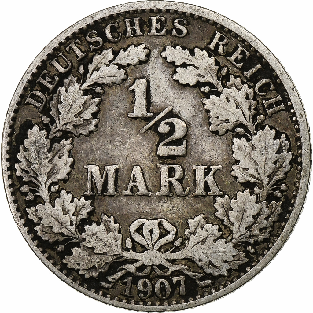 GERMANY - EMPIRE, 1/2 Mark, 1907, Hambourg, Silver, VF(30-35), KM:17