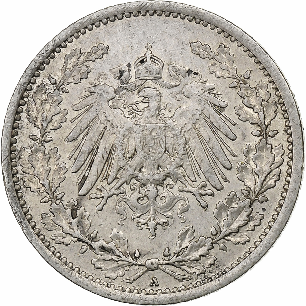 GERMANY - EMPIRE, 1/2 Mark, 1915, Berlin, Silver, EF(40-45), KM:17
